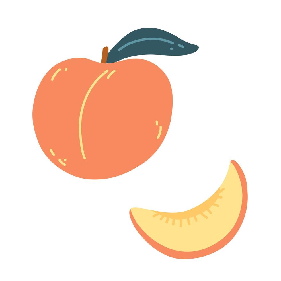 melocotón maduro en estilo plano de dibujos animados. dibujado a mano ilustración vectorial de fruta fresca y jugosa vector