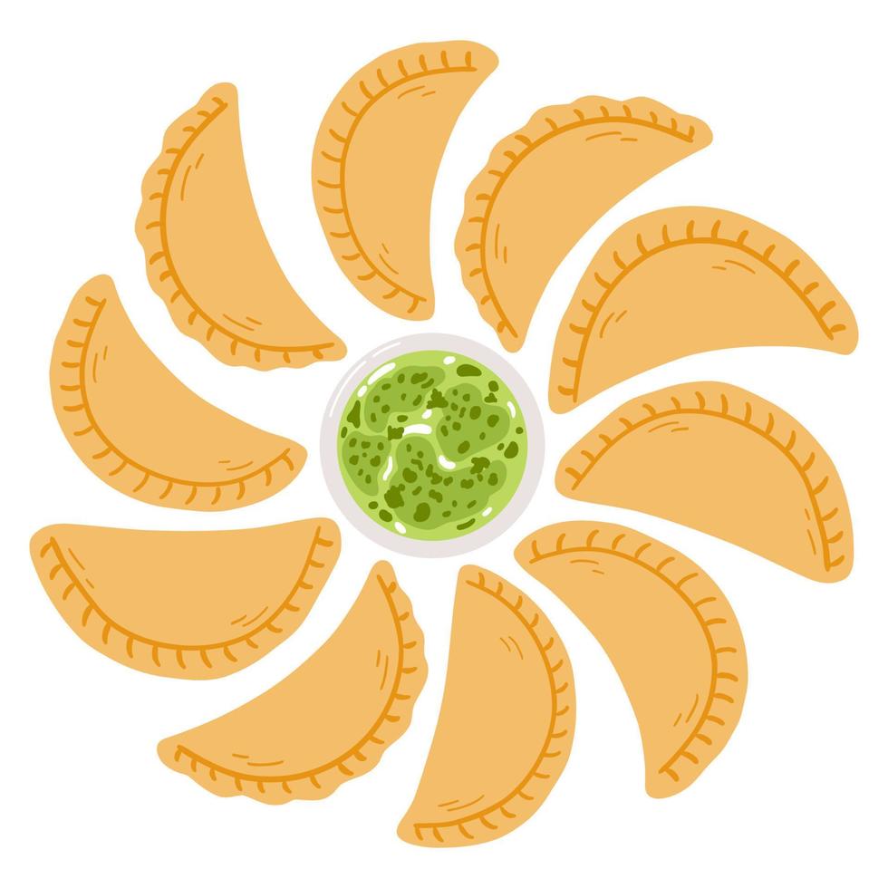 Empanadas in cartoon flat style. Hand drawn vector illustration of traditional Latino America food, folk cuisine