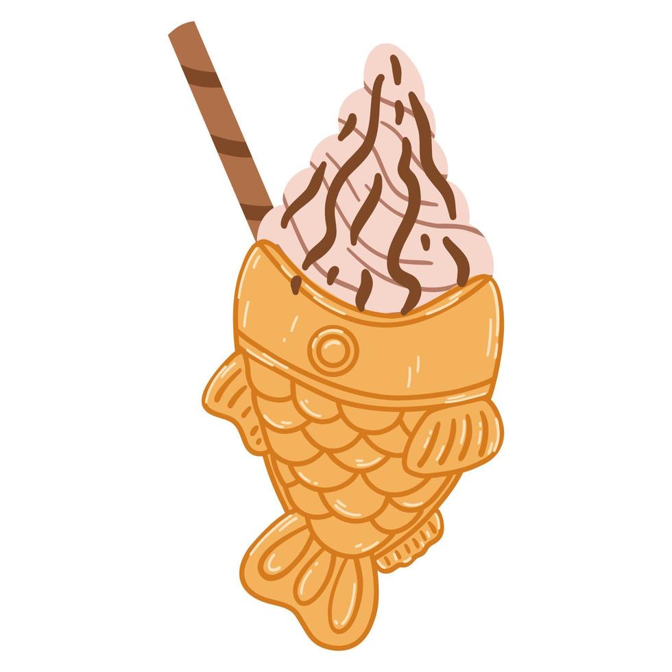 cono de helado en forma de pez taiyaki en estilo plano de dibujos animados. ilustración vectorial dibujada a mano de comida tradicional japonesa, dulce, postre vector