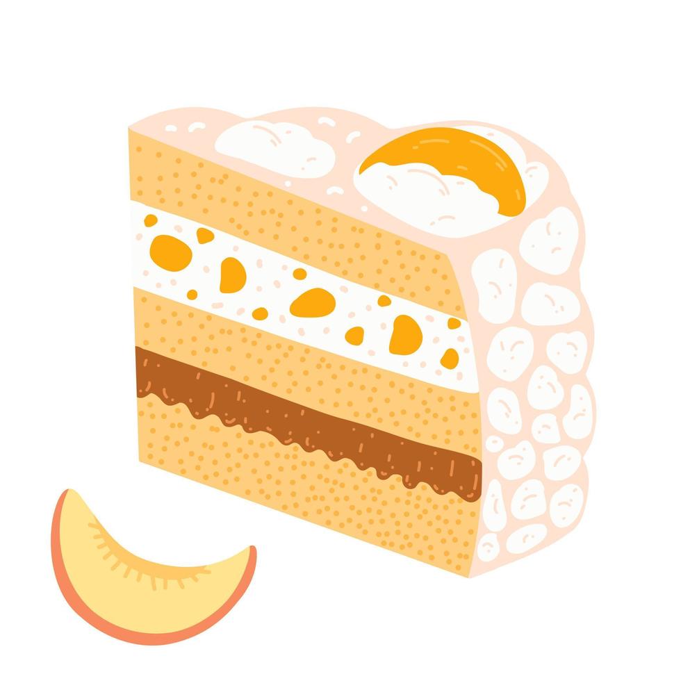 Traditional Uruguayan cake chaja in cartoon flat style. Hand drawn vector illustration of sponge cake with peaches and caramel, folk cuisine, Latin America sweet