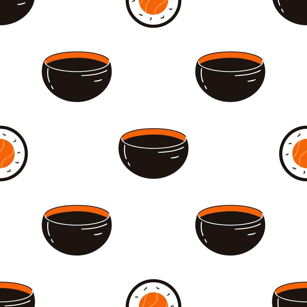 Seamless pattern with sushi and soy sauce. Hand drawn vector background with traditional Japanese cuisine