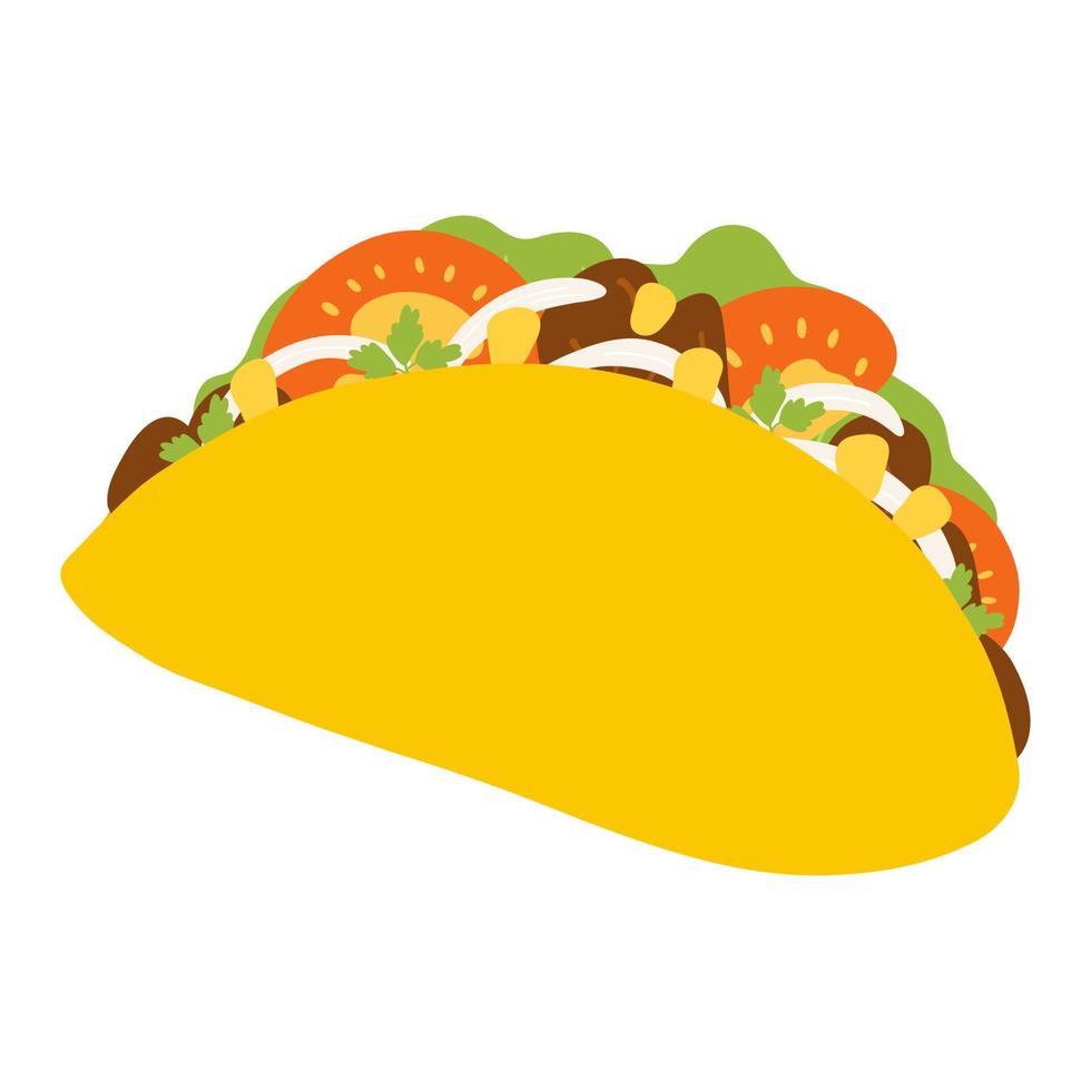 Taco in cartoon flat style. Hand drawn vector illustration of traditional Mexican food, folk cuisine, Latin American dish with fresh vegetables, meat and corn tortilla