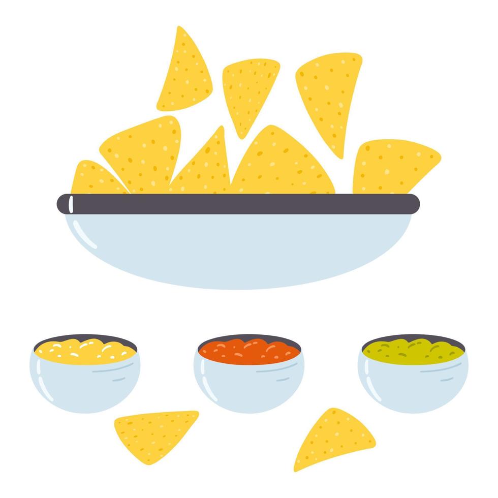 chips de tortilla en estilo plano de dibujos animados. ilustración vectorial dibujada a mano de tortillas de nachos, comida mexicana vector