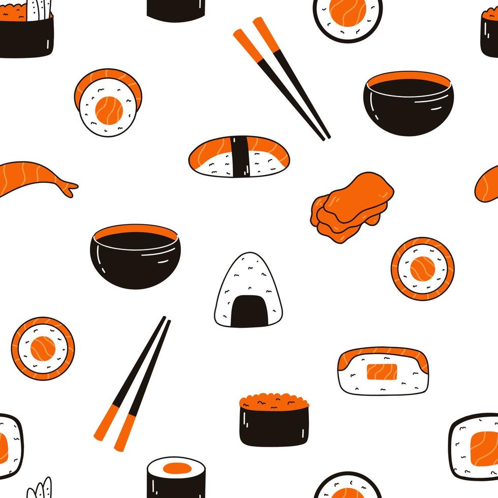 Seamless pattern with sushi, soy sauce, ginger and chopsticks. Hand drawn vector background with traditional Japanese cuisine