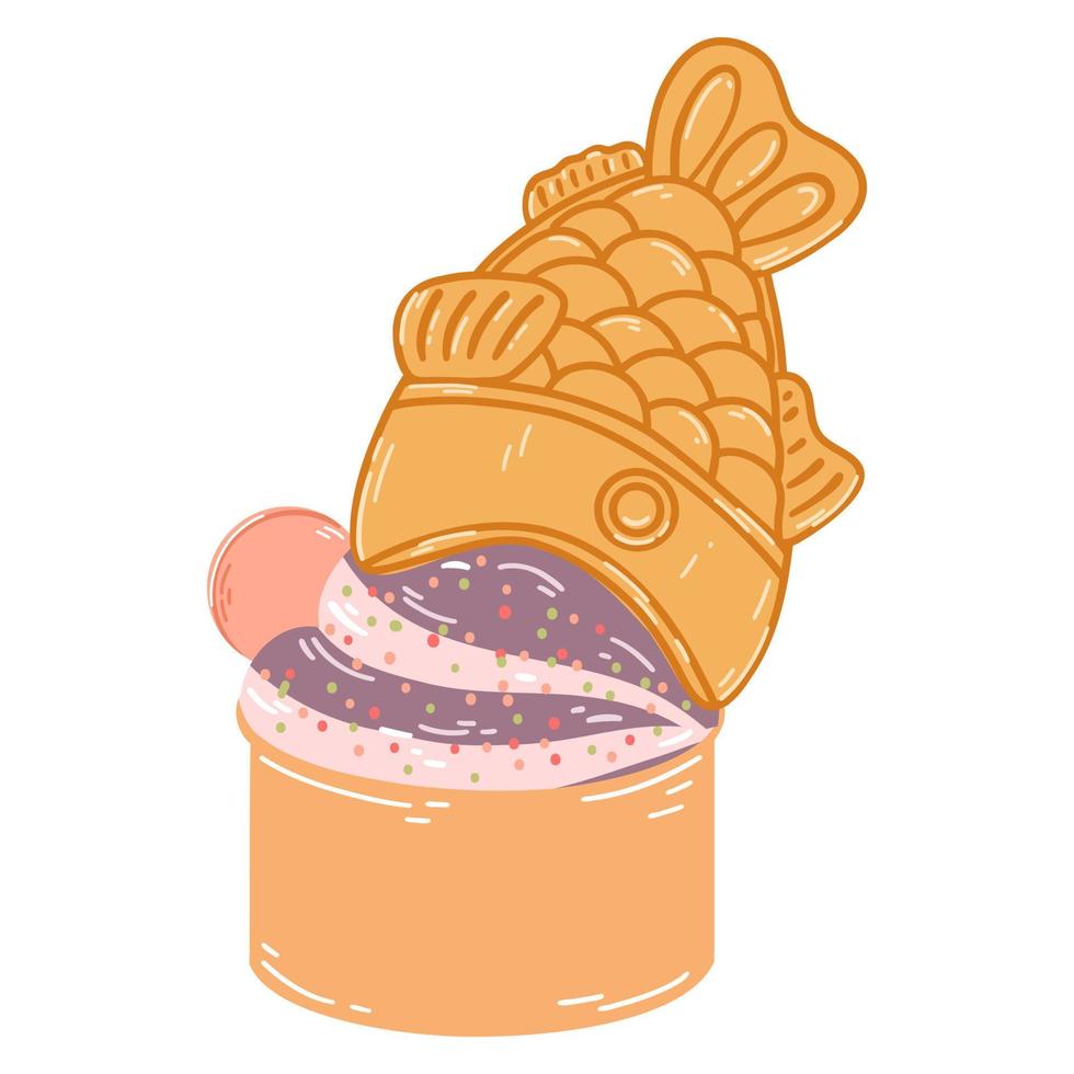 Taiyaki fish-shaped ice cream cone in cartoon flat style. Hand drawn vector illustration of traditional Japanese food, sweet, dessert