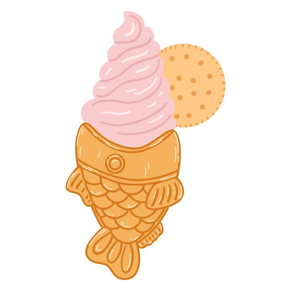 cono de helado en forma de pez taiyaki en estilo plano de dibujos animados. ilustración vectorial dibujada a mano de comida tradicional japonesa, dulce, postre vector