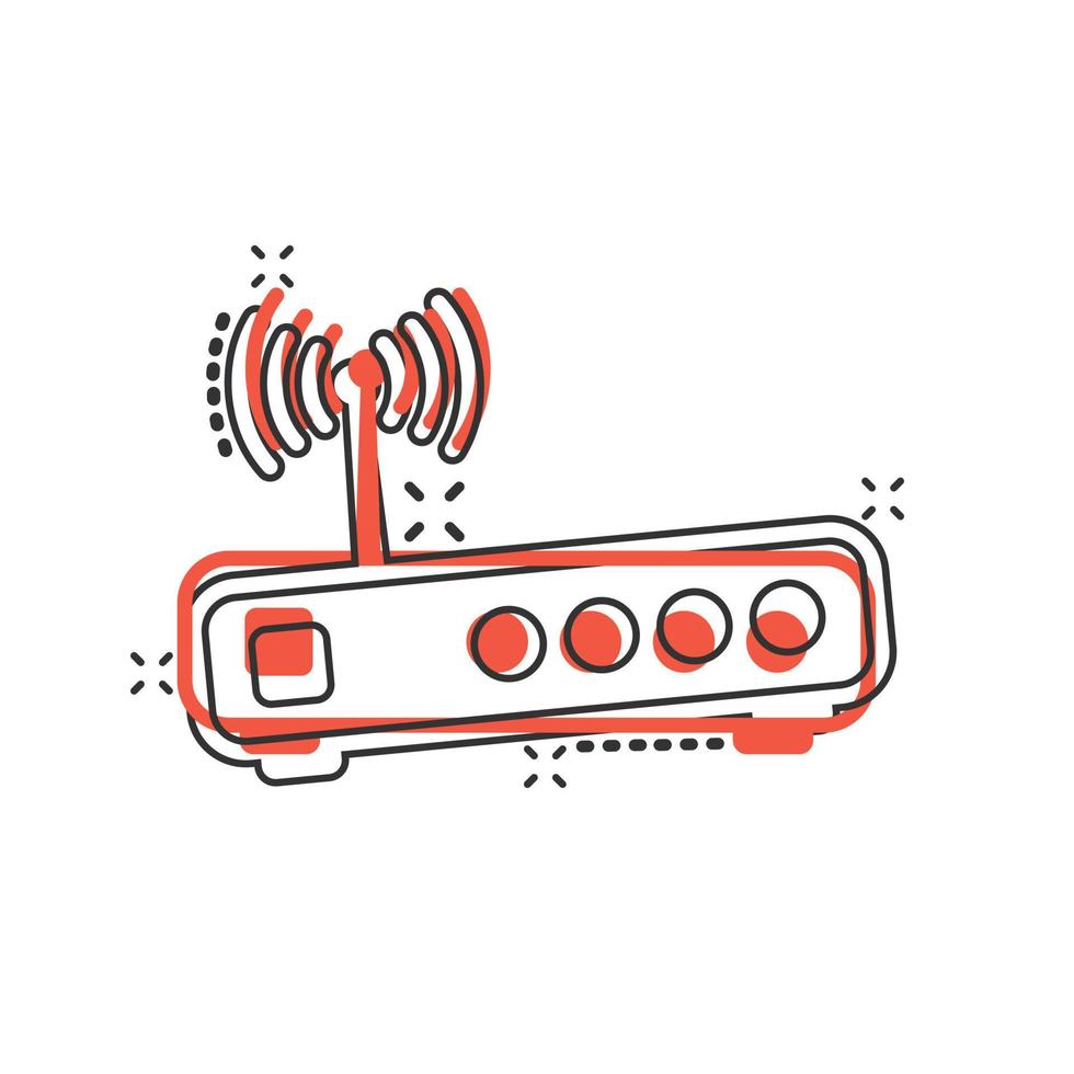 icono de enrutador wifi en estilo cómico. ilustración vectorial de dibujos animados de banda ancha sobre fondo blanco aislado. concepto de negocio de efecto de salpicadura de conexión a Internet. vector