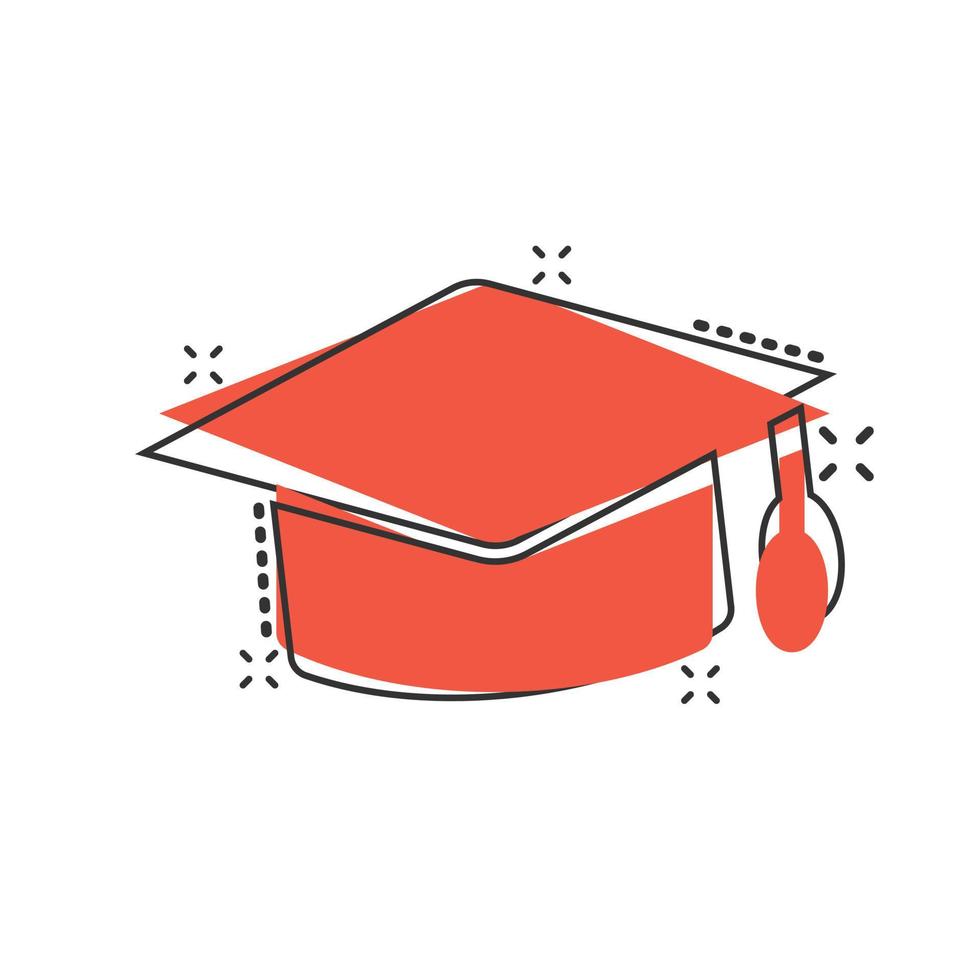 Graduation hat icon in comic style. Student cap cartoon vector illustration on white isolated background. University splash effect business concept.