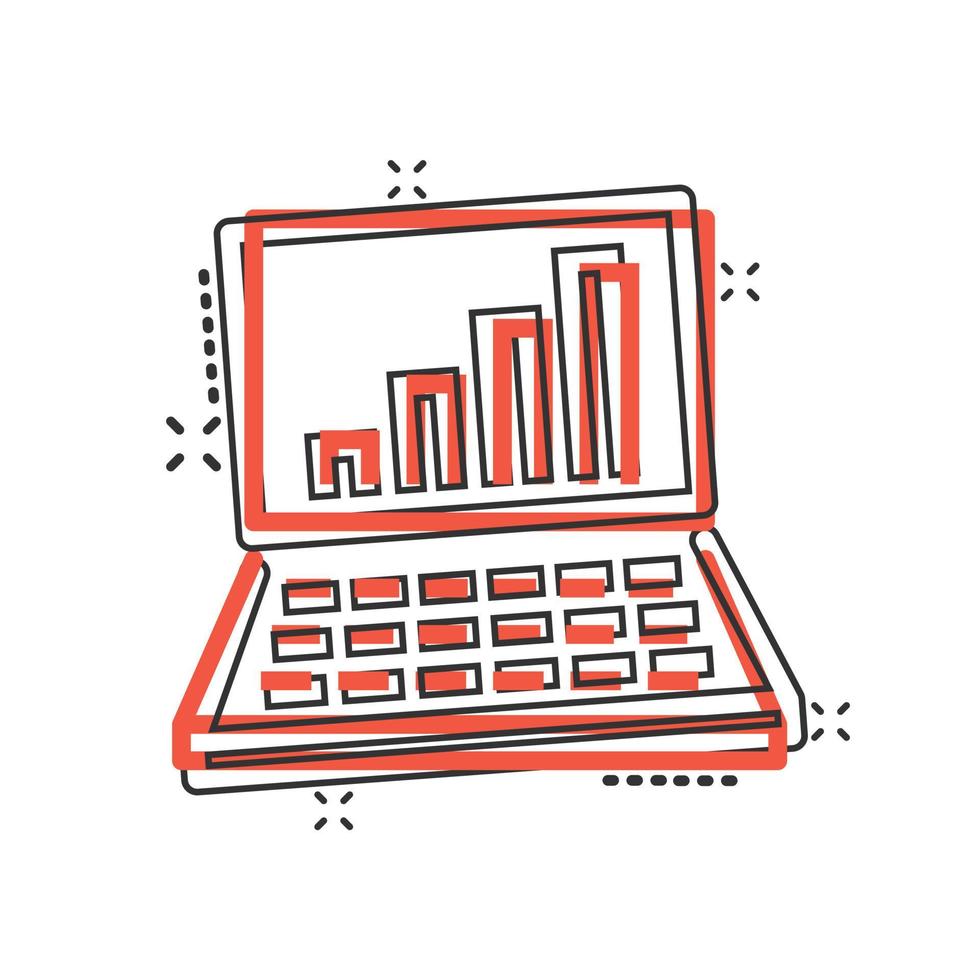 Laptop chart icon in comic style. SEO data cartoon vector illustration on white isolated background. Computer diagram splash effect business concept.
