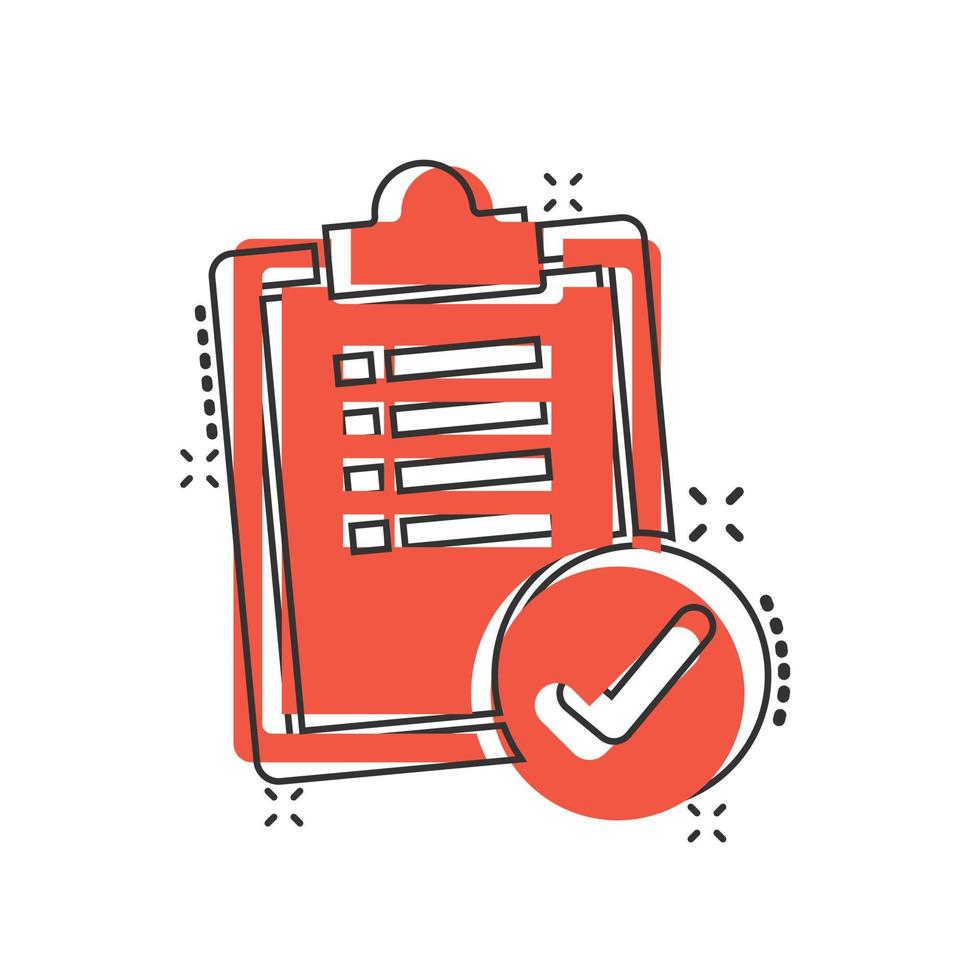 To do list icon in comic style. Document checklist cartoon vector illustration on white isolated background. Notepad check mark splash effect business concept.