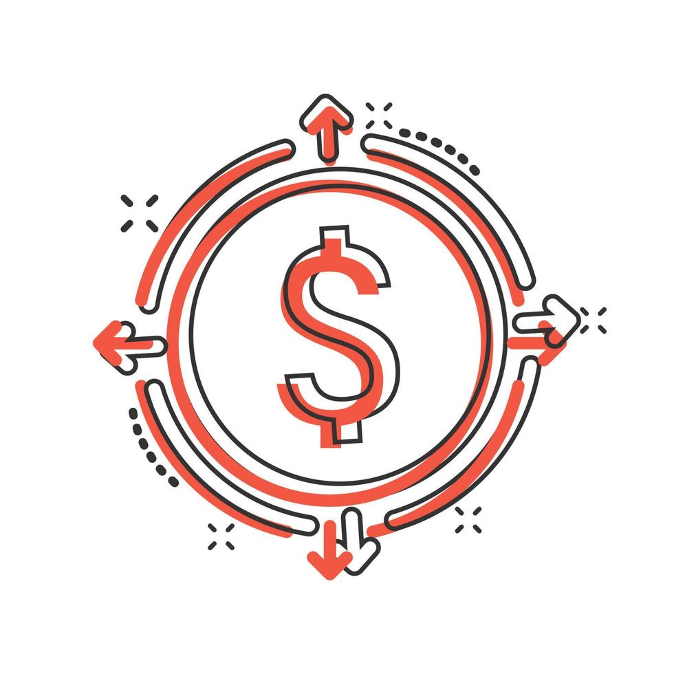 Money revenue icon in comic style. Dollar coin cartoon vector illustration on white isolated background. Finance structure splash effect business concept.