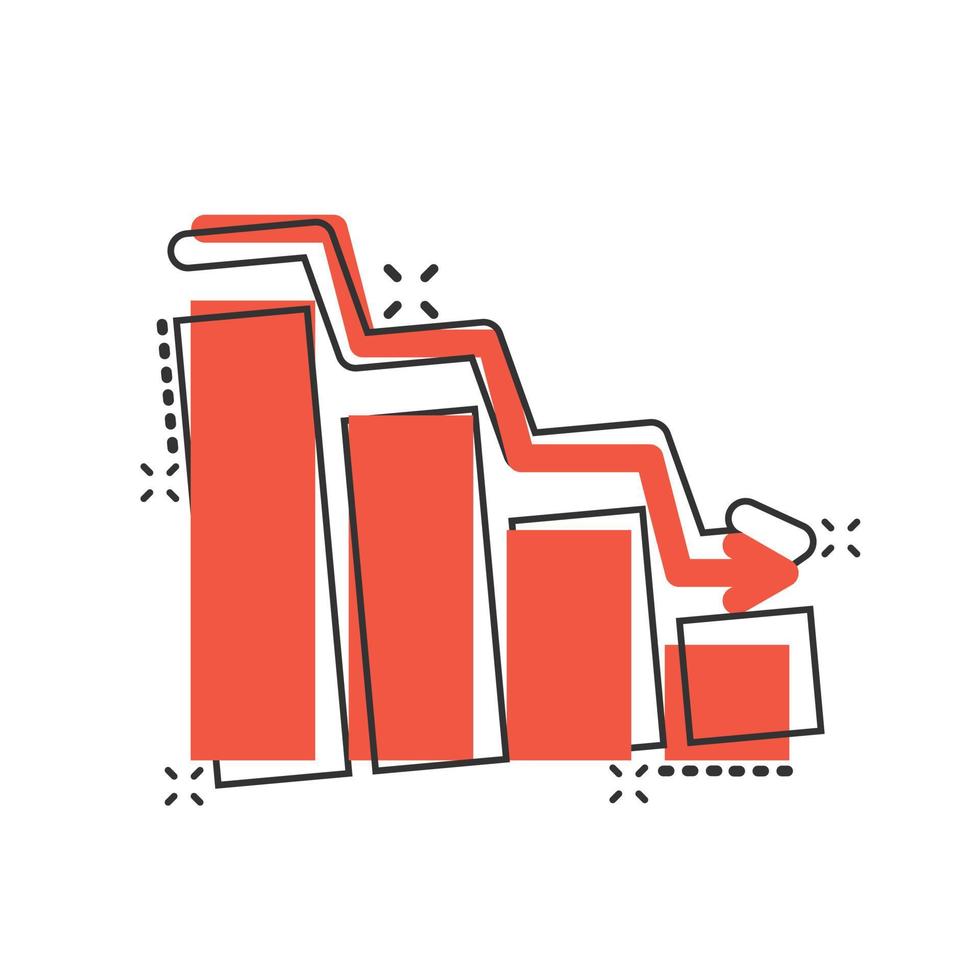 icono de tendencia del mercado en estilo cómico. Flecha de declive con ilustración de vector de dibujos animados de lupa sobre fondo blanco aislado. disminuir el concepto de negocio de efecto de salpicadura.