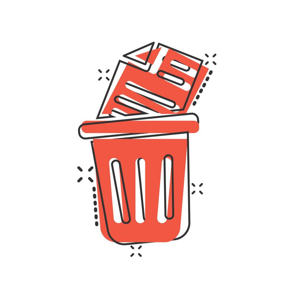 Trash bin with document icon in comic style. Paper recycle cartoon vector illustration on white isolated background. Office garbage splash effect business concept.