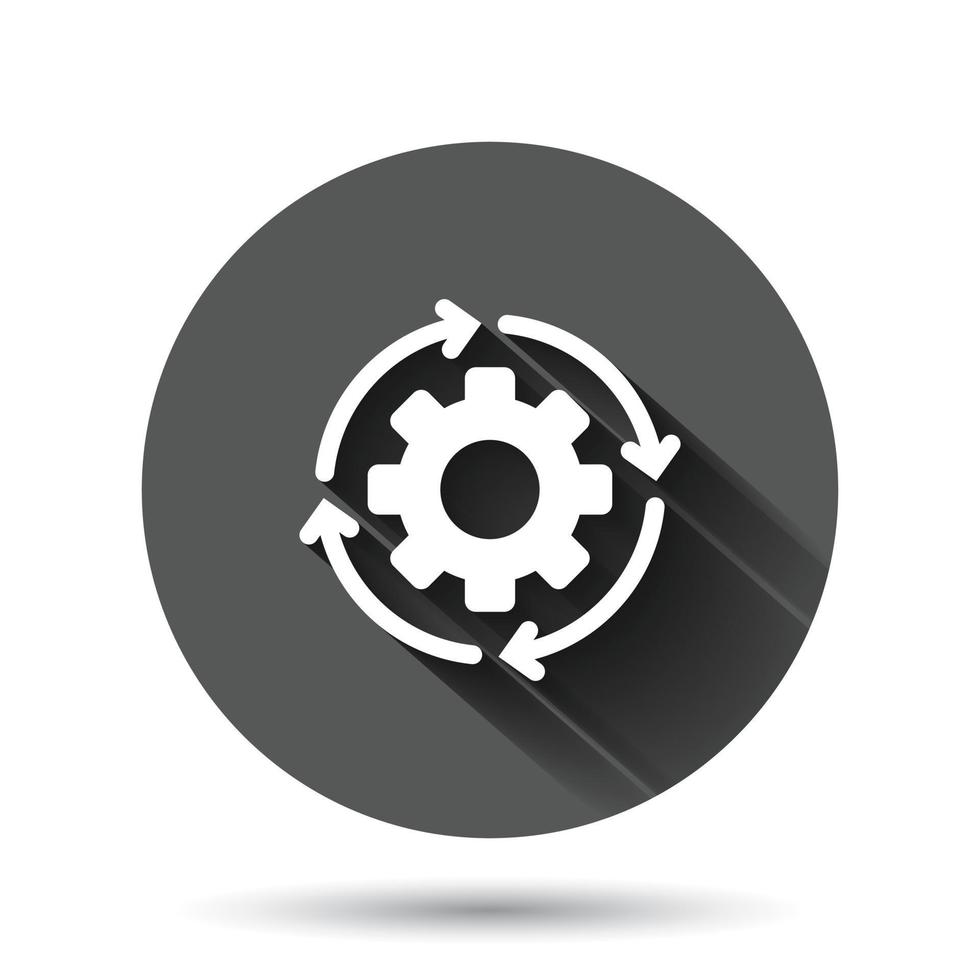 Workflow icon in flat style. Gear effective vector illustration on black round background with long shadow effect. Process organization circle button business concept.