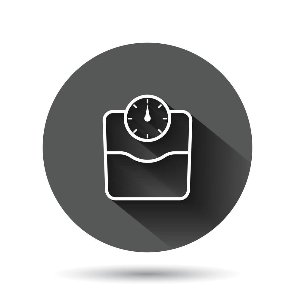 Scale icon in flat style. Balance vector illustration on black round background with long shadow effect. Comparison circle button business concept.