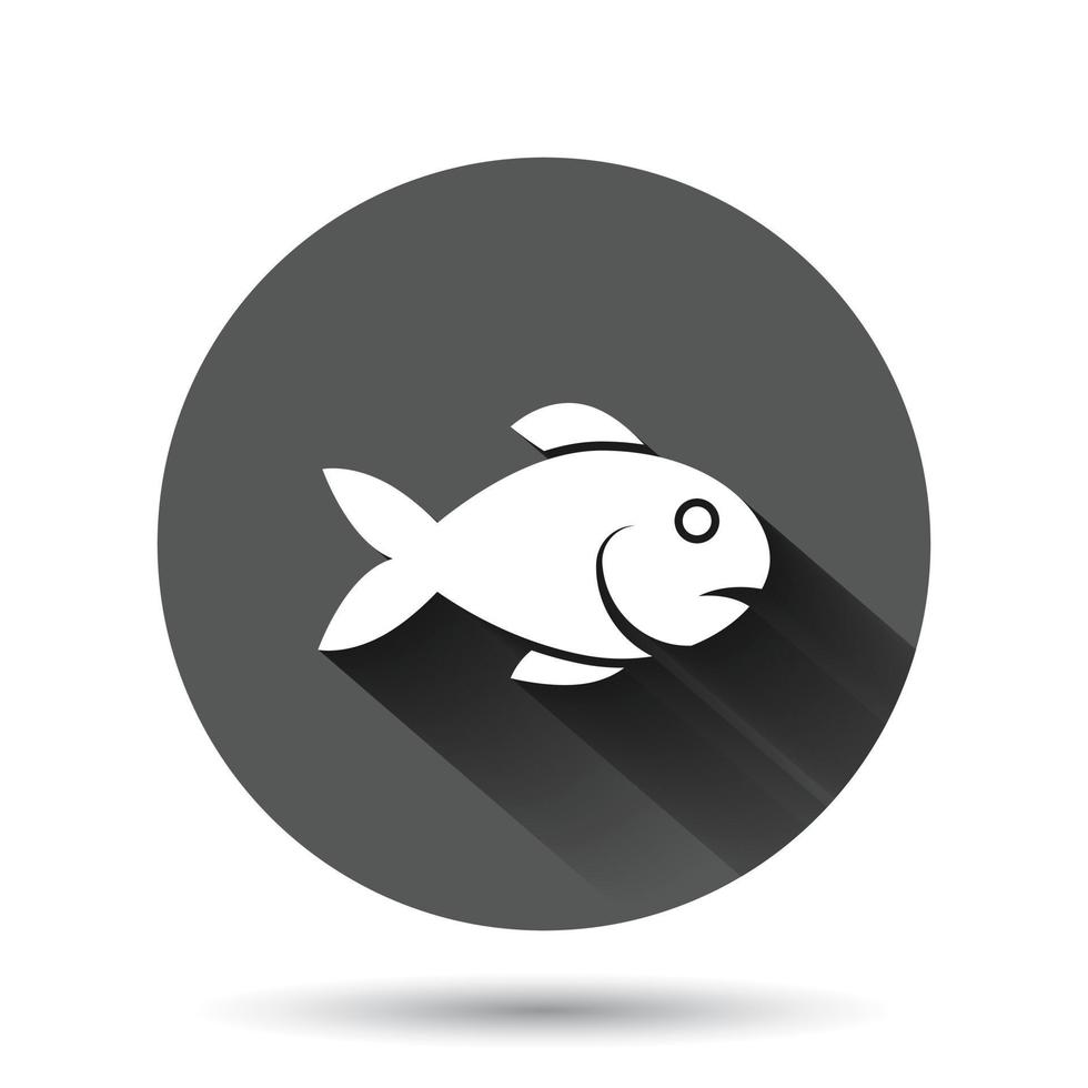 icono de pescado en estilo plano. ilustración de vector de mariscos sobre fondo redondo negro con efecto de sombra larga. concepto de negocio de botón de círculo de animales marinos.