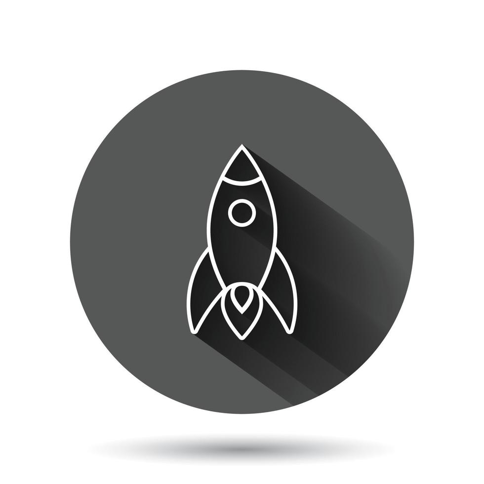 Rocket icon in flat style. Spaceship launch vector illustration on black round background with long shadow effect. Sputnik circle button business concept.