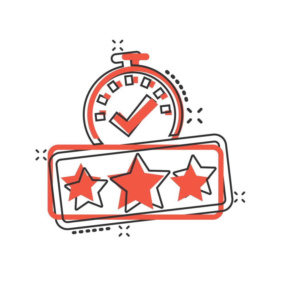 Rating result icon in comic style. Clock with stars cartoon vector illustration on white isolated background. Satisfaction splash effect business concept.