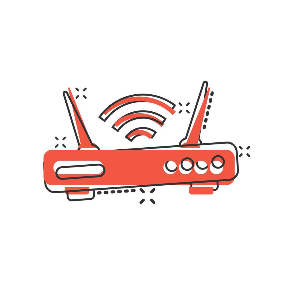 icono de enrutador wifi en estilo cómico. ilustración vectorial de dibujos animados de banda ancha sobre fondo blanco aislado. concepto de negocio de efecto de salpicadura de conexión a Internet. vector