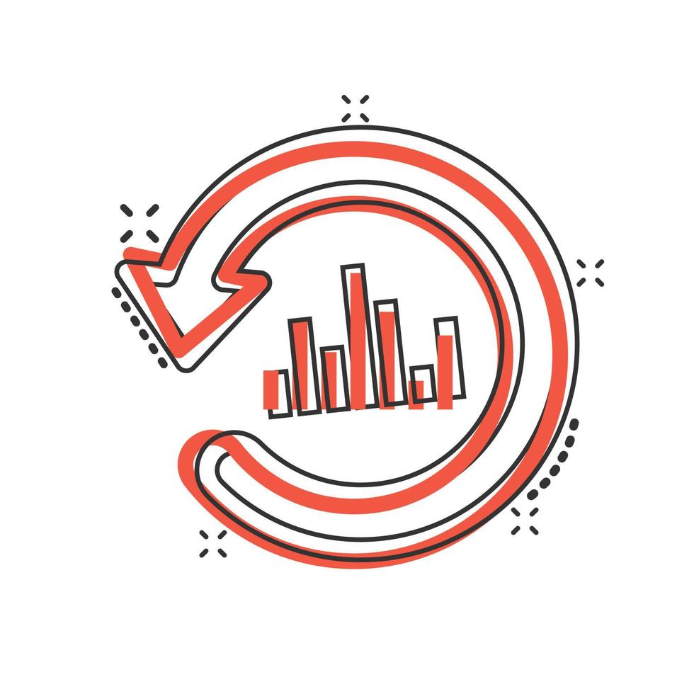 creciente icono de gráfico de barras en estilo cómico. aumentar la ilustración de vector de dibujos animados de flecha sobre fondo blanco aislado. concepto de negocio de efecto de salpicadura de progreso infográfico.