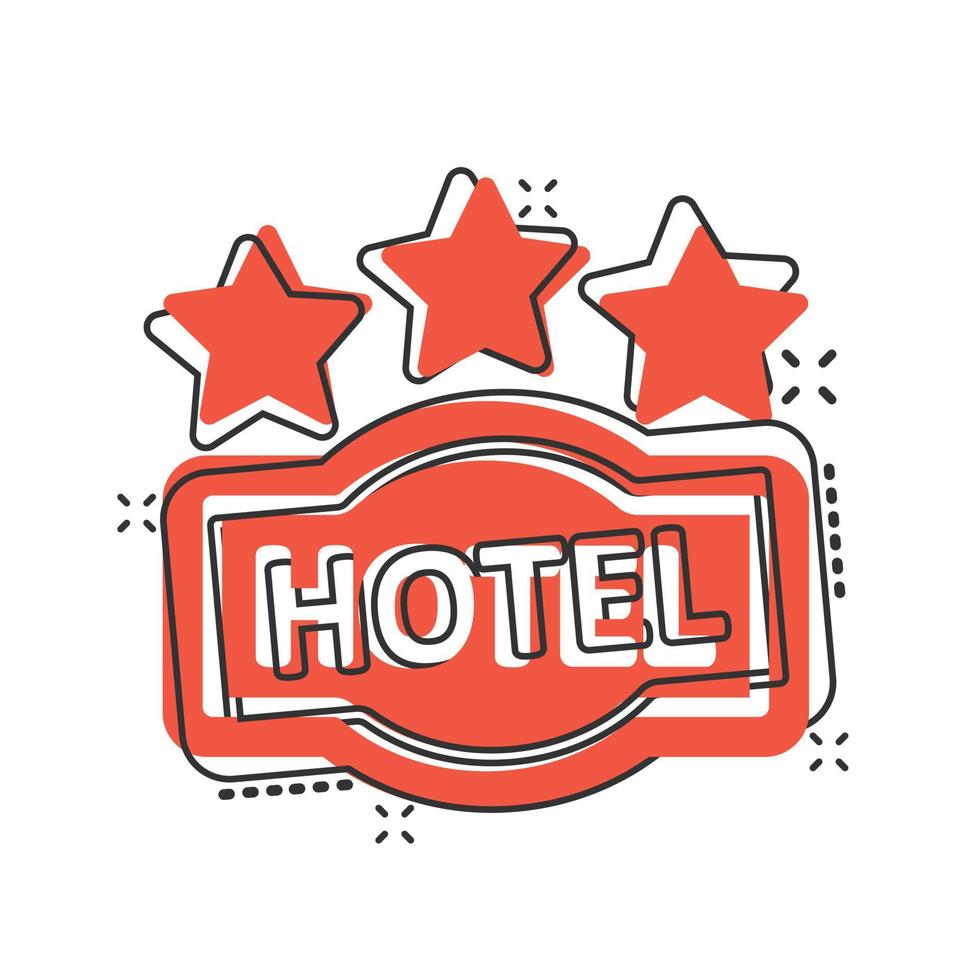 Hotel 3 stars sign icon in comic style. Inn cartoon vector illustration on white isolated background. Hostel room information splash effect business concept.