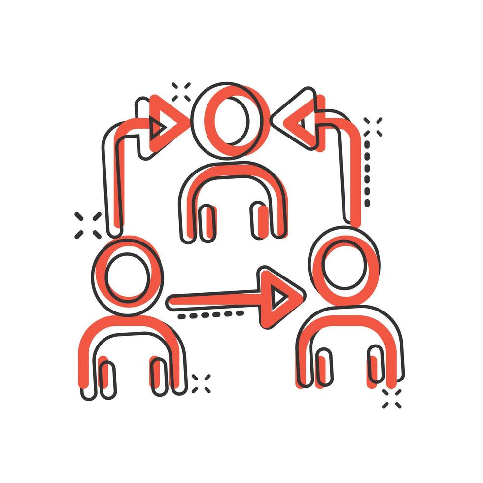People referral icon in comic style. Business communication cartoon vector illustration on white background. Reference teamwork splash effect business concept.