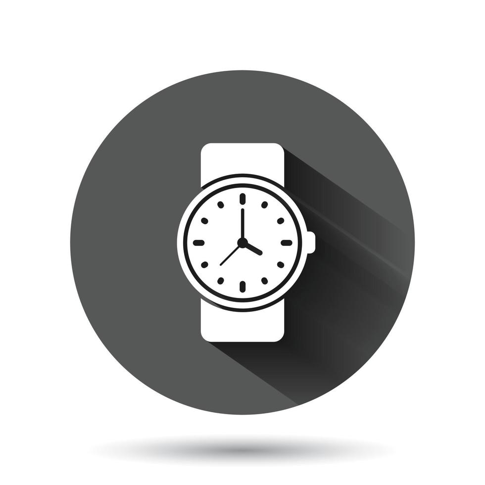 Wrist watch icon in flat style. Hand clock vector illustration on black round background with long shadow effect. Time bracelet circle button business concept.