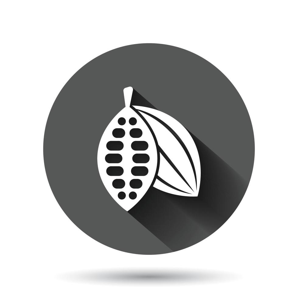 Cocoa bean icon in flat style. Chocolate cream vector illustration on black round background with long shadow effect. Nut plant circle button business concept.