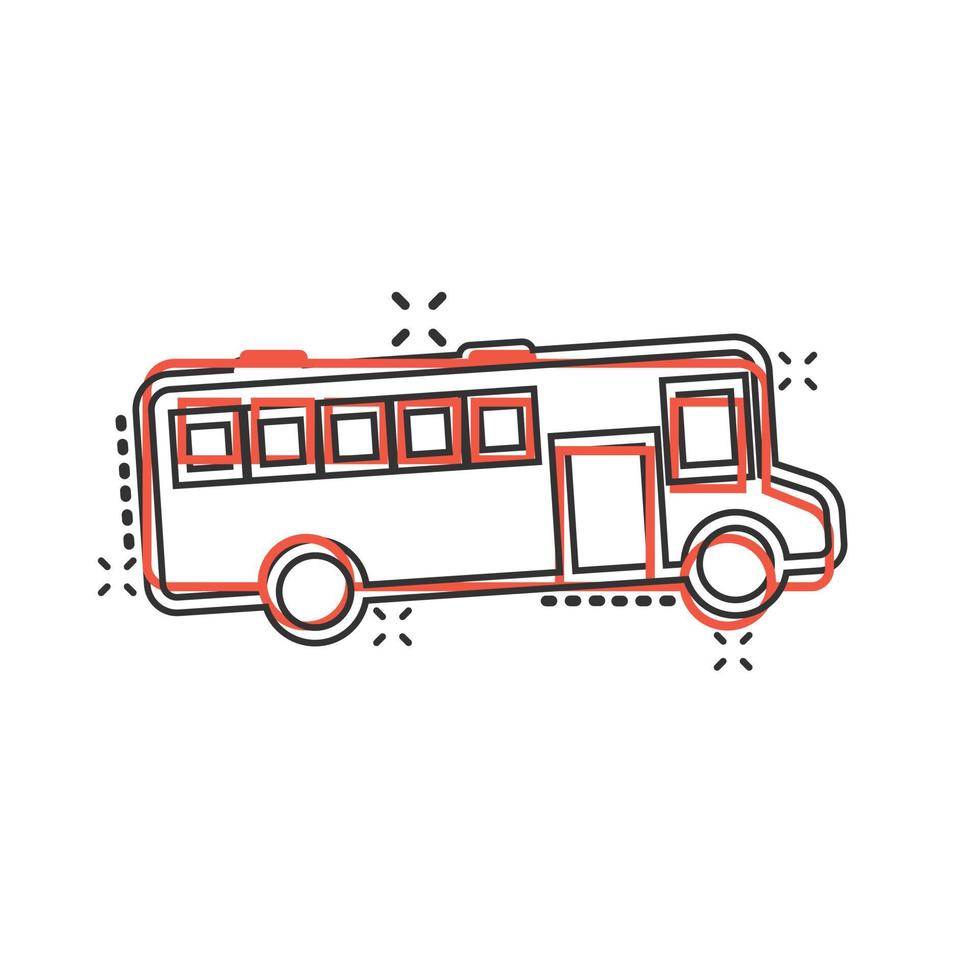 icono de autobús en estilo cómico. ilustración de vector de dibujos animados de entrenador sobre fondo blanco aislado. concepto de negocio de efecto de salpicadura de vehículo autobus.