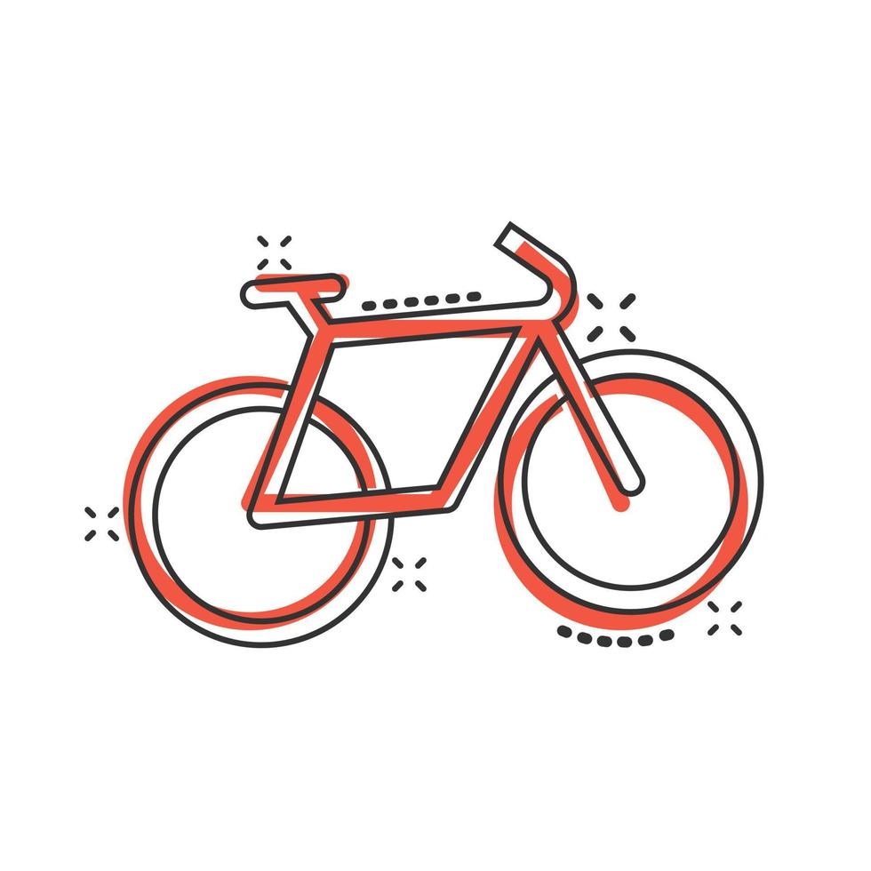 icono de bicicleta en estilo cómico. ilustración de vector de dibujos animados de bicicleta sobre fondo blanco aislado. concepto de negocio de efecto de salpicadura de viaje en bicicleta.