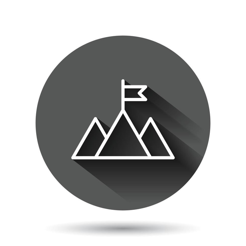 Mission champion icon in flat style. Mountain vector illustration on black round background with long shadow effect. Leadership circle button business concept.