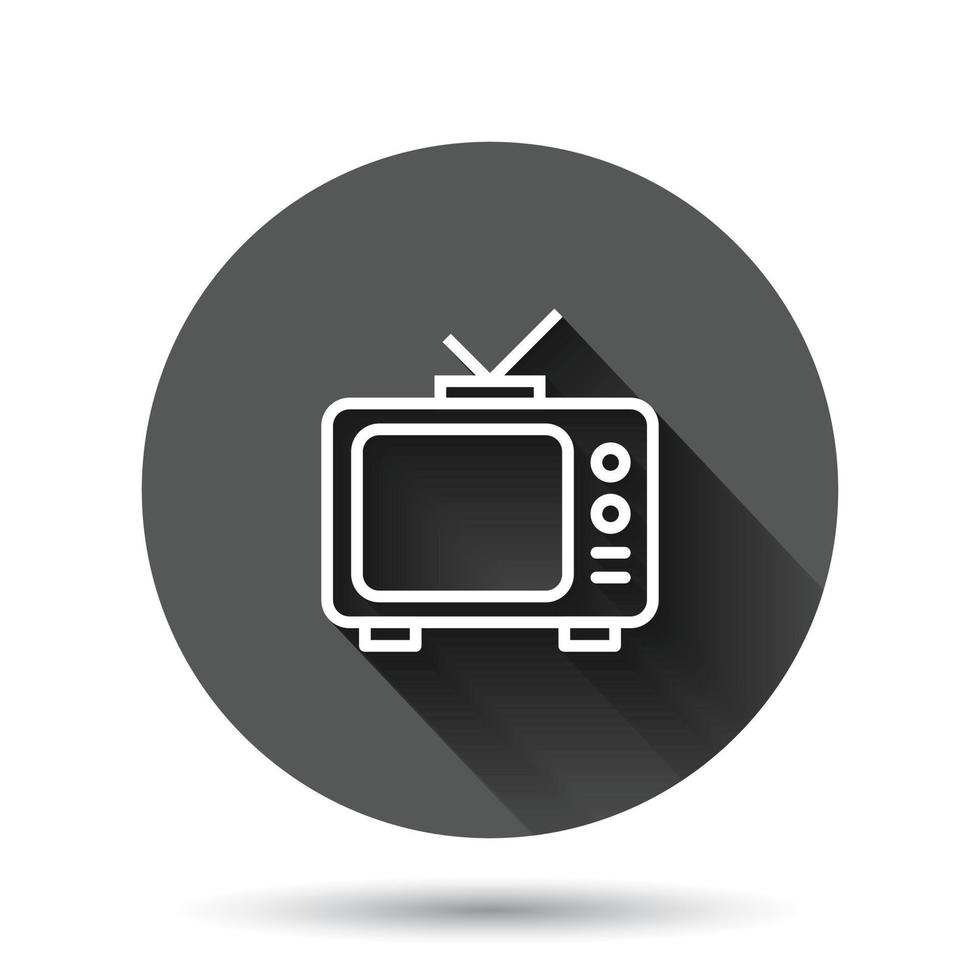 icono de tv en estilo plano. ilustración de vector de señal de televisión sobre fondo redondo negro con efecto de sombra larga. concepto de negocio de botón de círculo de canal de video.