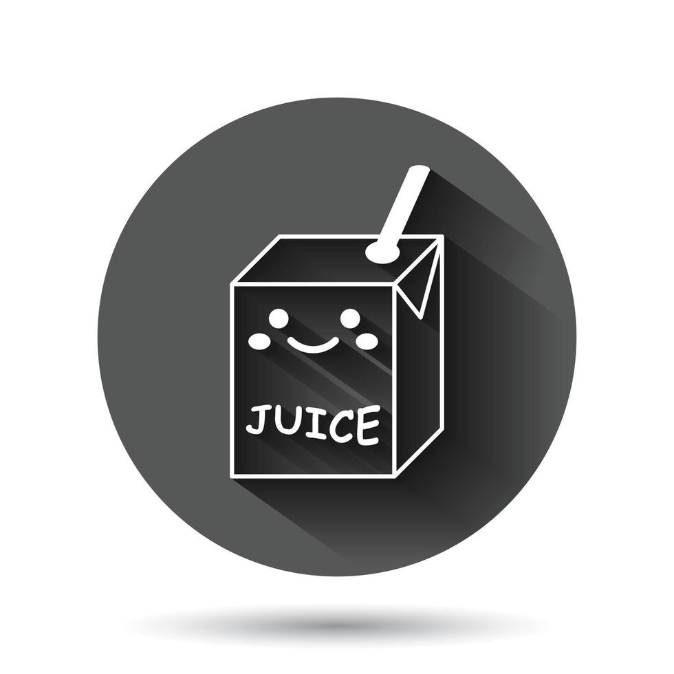 icono de jugo lindo en estilo plano. Ilustración de vector de bebida kawaii sobre fondo redondo negro con efecto de sombra larga. concepto de negocio de botón de círculo de contenedor divertido de dibujos animados.