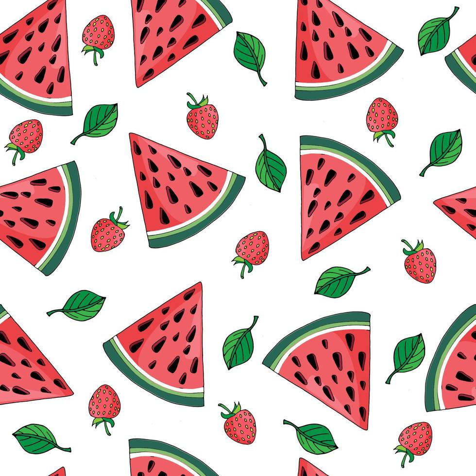 pattern with watermelon, leaves and strawberries vector