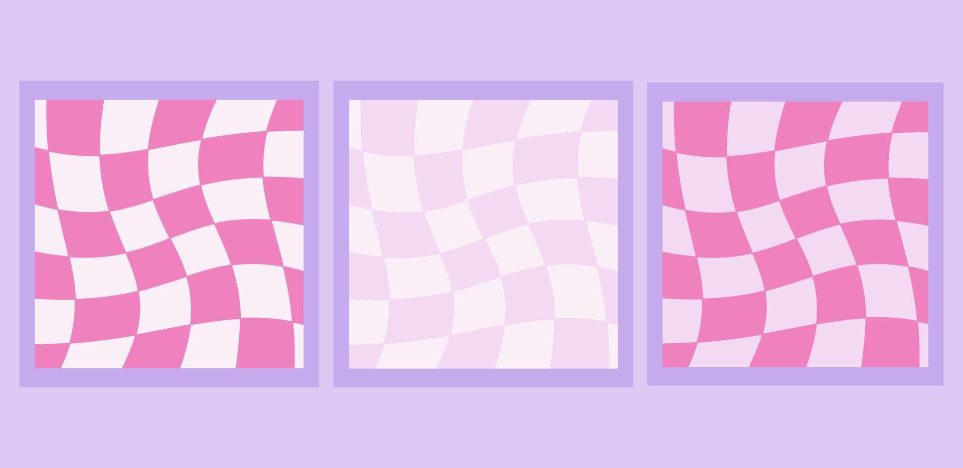 Psychedelic wave pattern. Trippy Grid. Wavy swirl set on white and pink colors. Seventies style. Groovy background. Hippie Aesthetic. vector