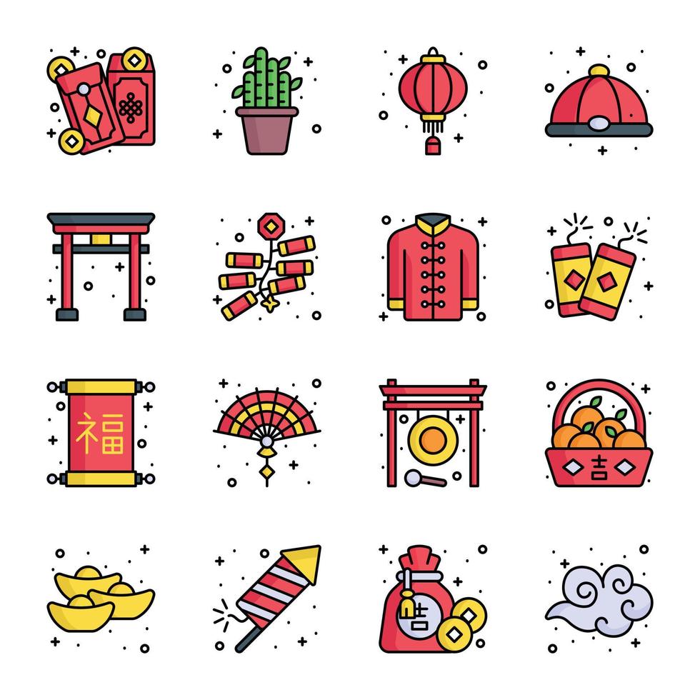 iconos chinos de año nuevo y cultura ambientados en un estilo de diseño moderno, vectores fáciles de usar y editables