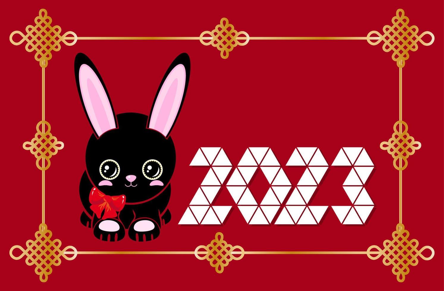 Cute black rabbit. Happy New Year, Chinese New Year red gold background Chinese knot is a symbol of happiness and good luck. horizontal orientation vector