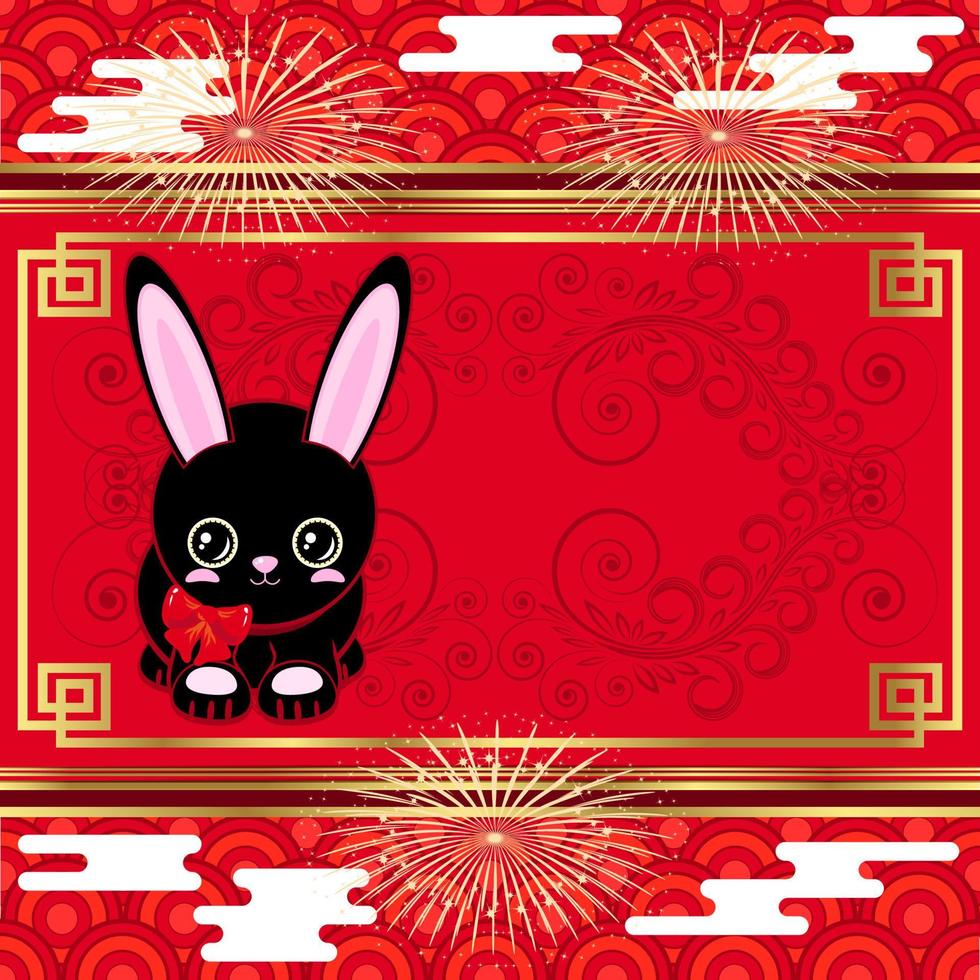 Cute black rabbit. Festive luxury red gold background. New Year, Chinese New Year frame. vector