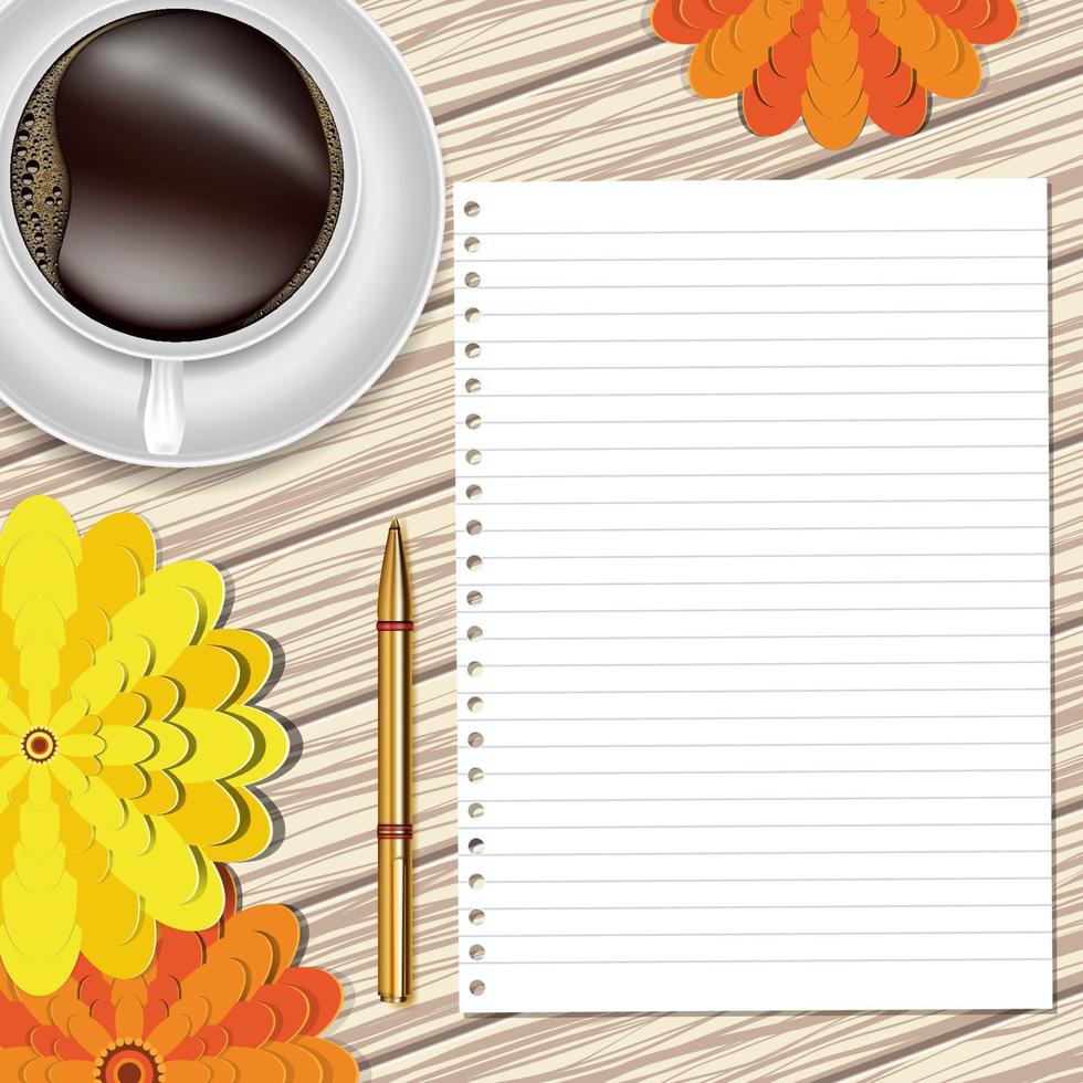 Cup of coffee, flowers, pen and paper on a wooden table. Greeting floral card. Vector flat lay design.