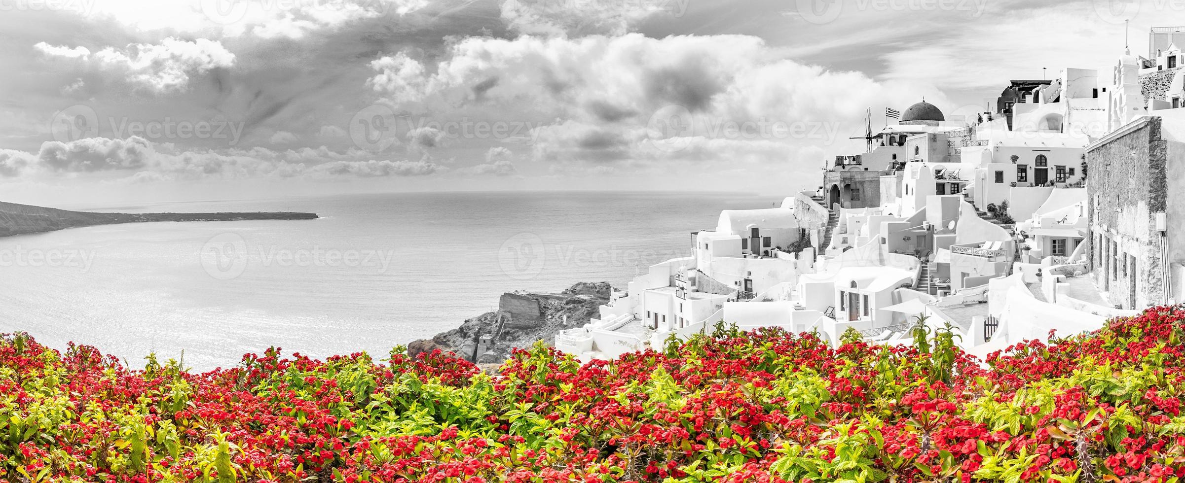 Red flowers on the street, isolated red color on black and white background in Santorini, Greece, beautiful abstract landscape, dramatic sky over famous travel destination. Artistic vacation photo