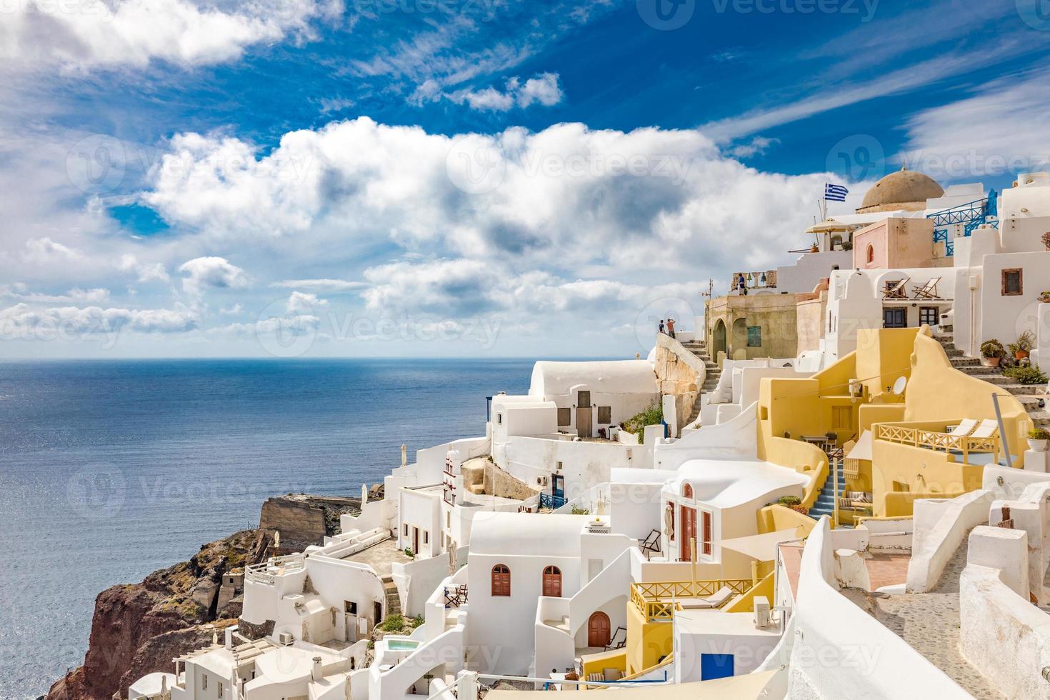 White architecture on Santorini island, Greece. Beautiful summer landscape, sea view. Oia village, amazing scenery and vacation mood, wonderful holiday concept. Idyllic travel background photo