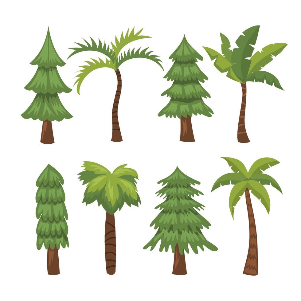 Pine tree and Palm Tree. Evergreen forest, wild nature trees templates. Vector illustration woodland trees set.