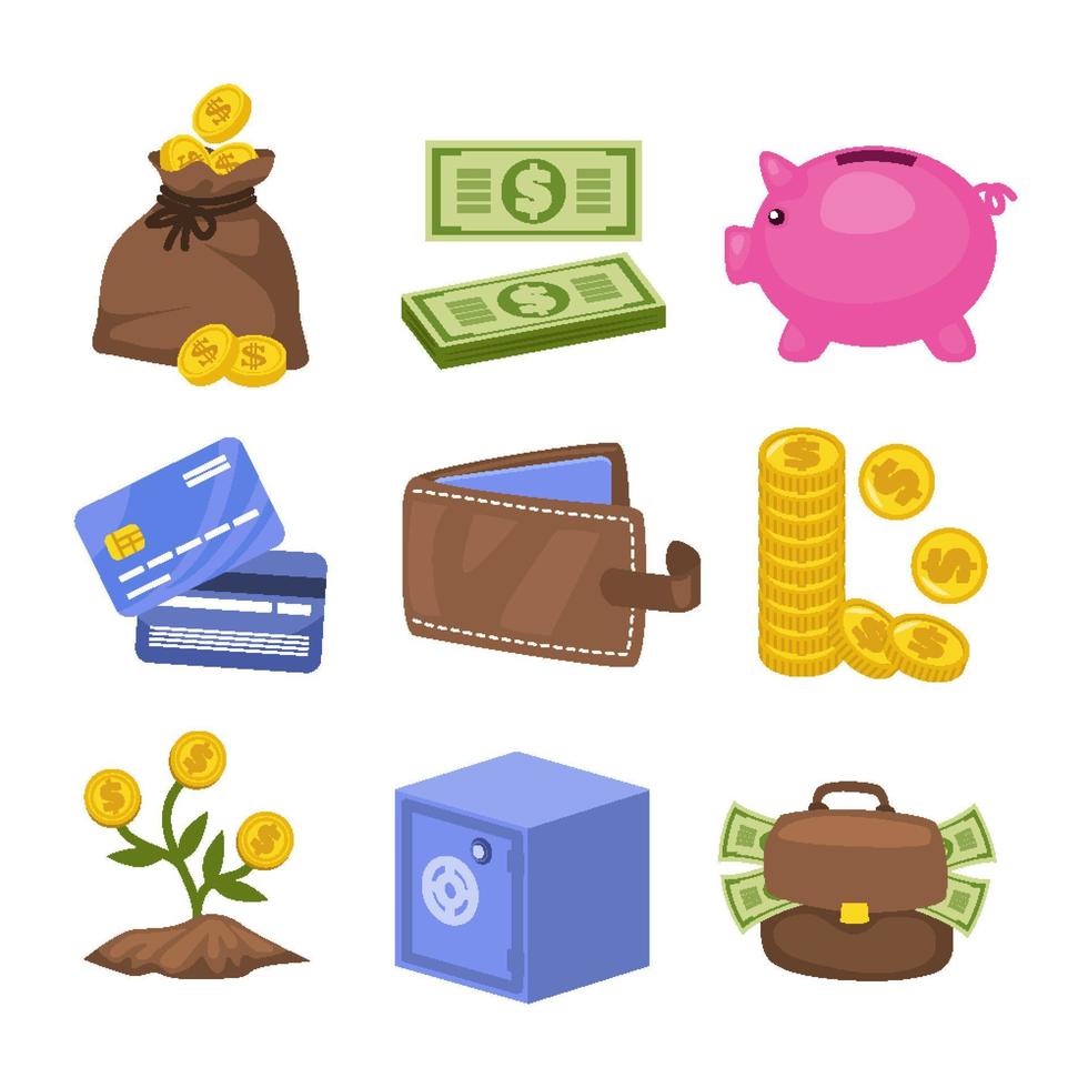 Saving Money Elements with piggy bank, credit card, money bag, stack of coins, wallet, tree coins, money luggage, investment for wealth vector illustration