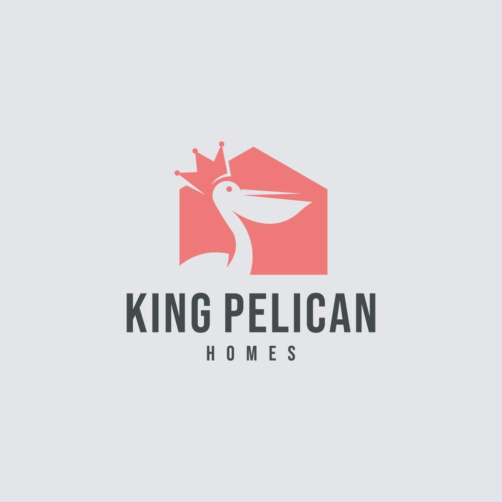 Vector illustration of animal pelican logo and king house icon.