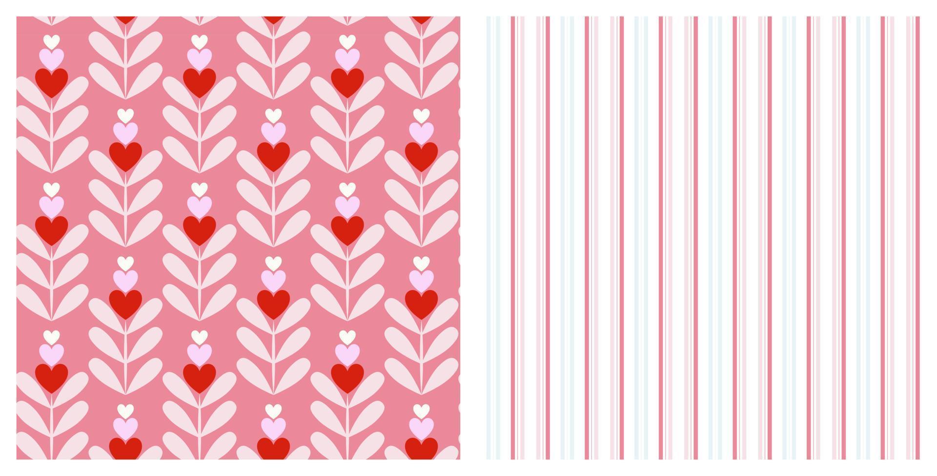 conjunto de dos patrones sin fisuras de flores de corazón y rayas elegantes sobre fondo aislado. diseño vectorial para celebraciones de fiestas, día de San Valentín, bodas, día de la madre, tarjetas de felicitación, invitaciones. vector