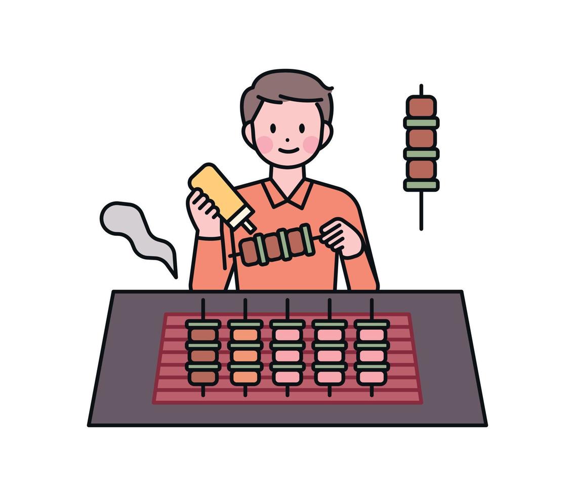 Korean street food. A person who grills chicken skewers. Pouring sauce on chicken skewers. vector