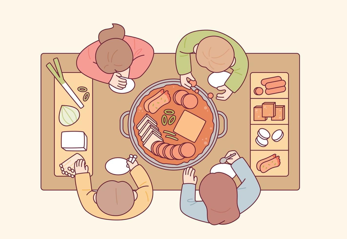 Korean budae jjigae restaurant. A stew made with various ingredients such as sausage, cheese, ramen, and vegetables. vector