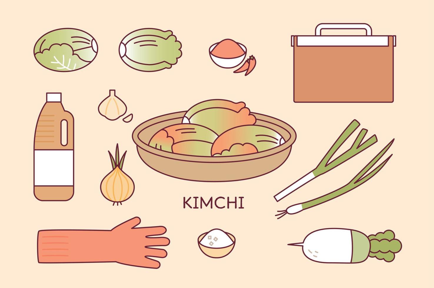 ingredientes para hacer kimchi coreano. repollo, salsa de soja, cebolla, rábano, sal, cebolla verde, pimiento rojo en polvo, ajo, guantes de goma. vector