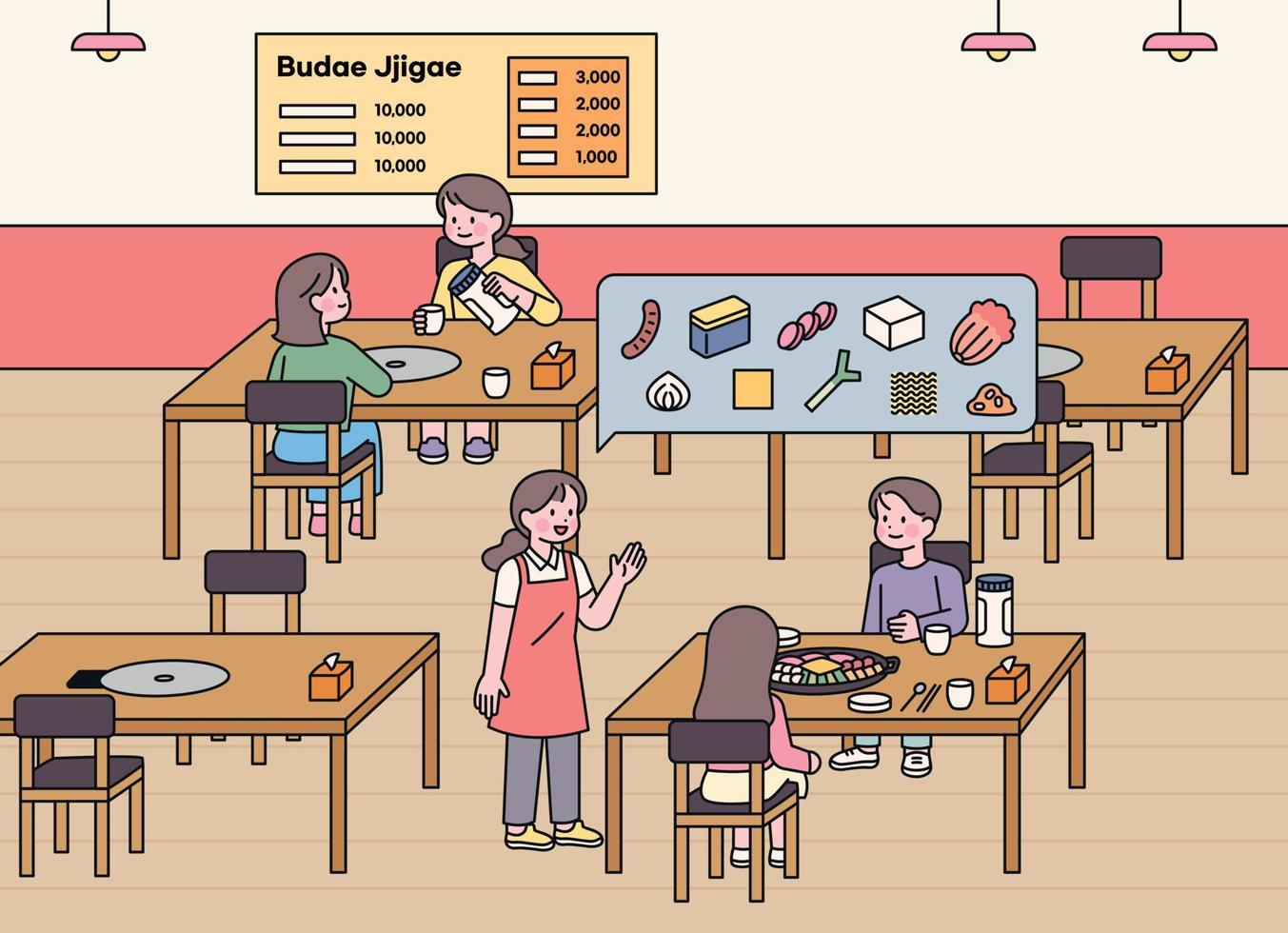 Korean budae jjigae restaurant. Customers are ordering food and the staff is explaining. vector