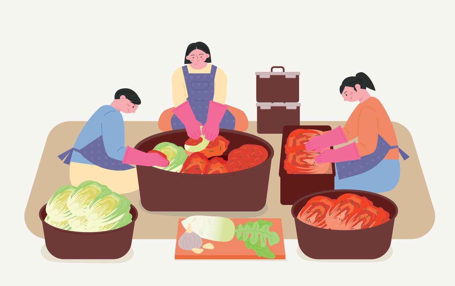 Kimjang day in Korea. Families sit around a large basin making kimchi. vector